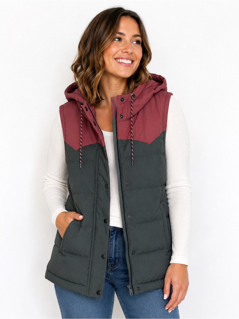 NEW Patagonia Bivy Two-Tone Hooded Puffer Vest in Rosewood and Charcoal XS